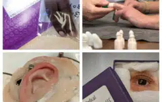 a collage of medical prosthetics for the eye ear and finger replacement.