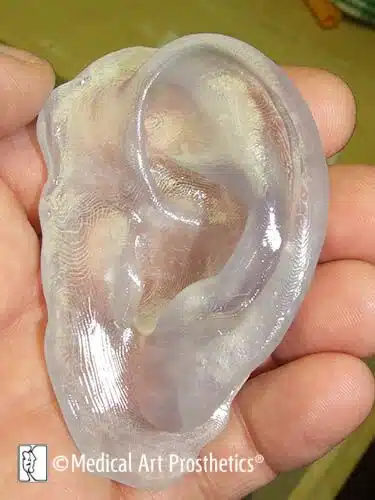 A person holding an ear shaped object in their hand.