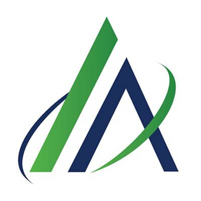 A green and blue logo of an arrow.