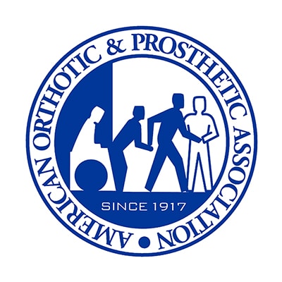 A blue and white logo of the american orthotic & prosthetic association.