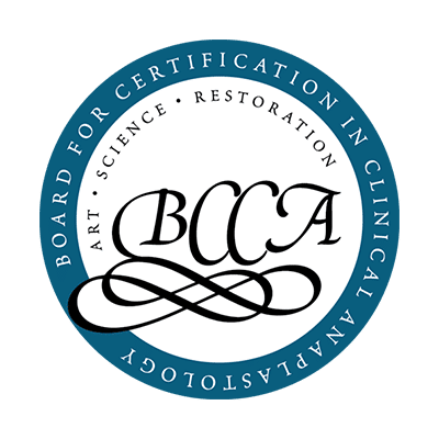 A blue and white logo for the board of certification in clinical artistry.