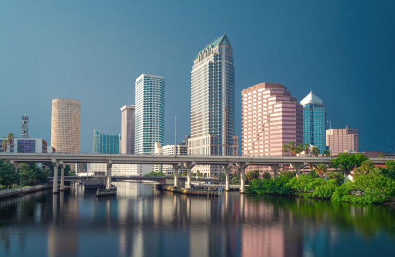 a bridge over water with buildings in the background