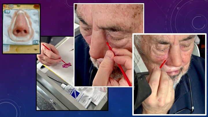 photos in a series showing the custom coloring of a nasal prosthesis